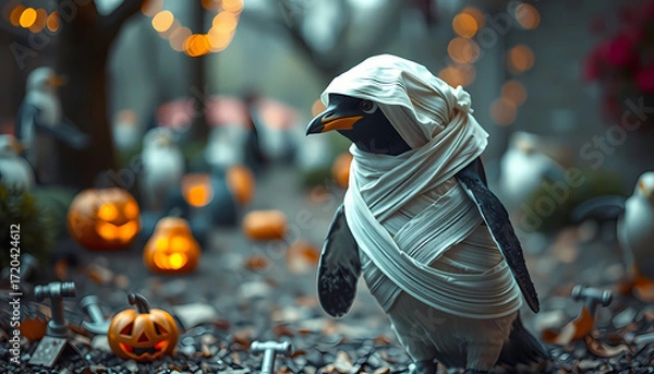 Fototapeta Penguin dressed as a mummy in a decorated outdoor space during Halloween festivities Generative AI