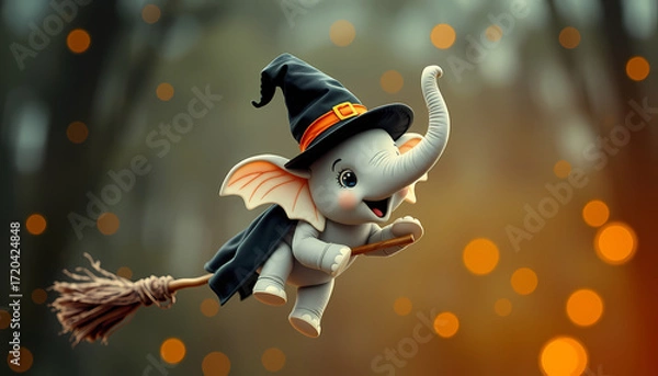 Fototapeta Cute elephant dressed as a witch flying on a broomstick during Halloween festivities in a magical forest setting Generative AI