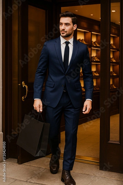 Fototapeta handsome man exiting a luxurious shoe store AI generated