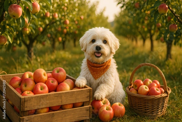 Fototapeta Cute dog in an apple orchard surrounded by fresh apples in baskets during a sunny afternoon in autumn Generative AI