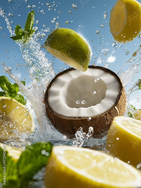 Fototapeta Refreshing coconut splash with lime and mint, vibrant citrus summer scene with juicy lemon