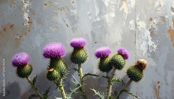 Fototapeta Purple thistles against a weathered backdrop