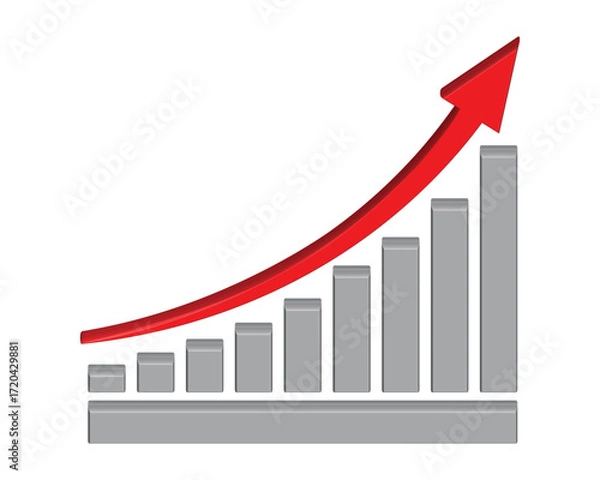Fototapeta Growing business 3d red arrow. Profit red arrow, Vector illustration.Business concept, growing grey chart bar. Concept of sales symbol icon with arrow moving up. Economic Arrow With Growing Trend.