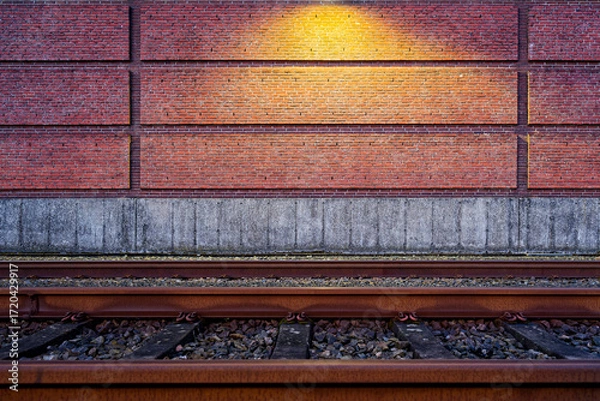 Fototapeta Railway beside brick wall with warm lamp flaring across tracks
