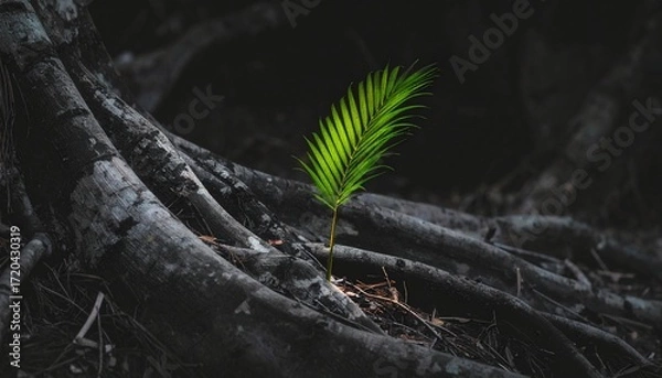 Obraz A single vibrant green palm frond sprouts from a cluster of dark, weathered roots, symbolizing resilience and new beginnings in nature