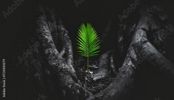 Obraz A Single Palm Sprout Emerging from Dark Roots A Symbol of Hope and Resilience