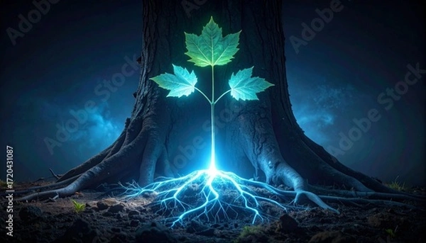 Obraz Glowing Sapling Emerging from Ancient Tree Roots Nature's Renewal