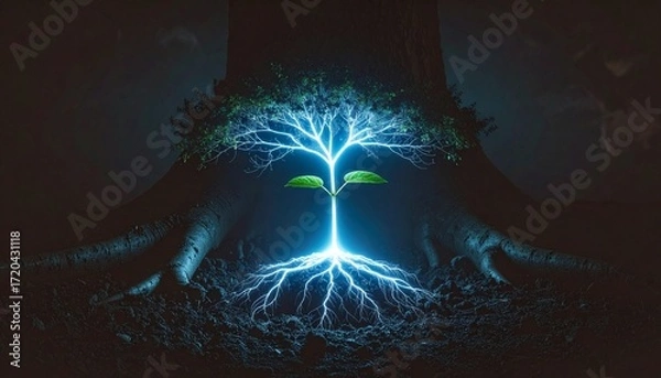 Obraz Mystical Tree Illuminated Growth, Rooted in Energy, a Symbol of Life and Nature's Power