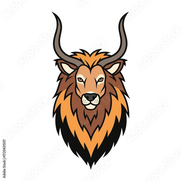 Fototapeta Stylized LionAntelope Hybrid Head with Curved Horns and Sharp Mane.