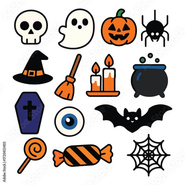 Obraz Halloween Vector Icons Set | Spooky Cartoon Illustrations (Skull, Ghost, Pumpkin, Bat, Candy, Spider, Witch Hat)