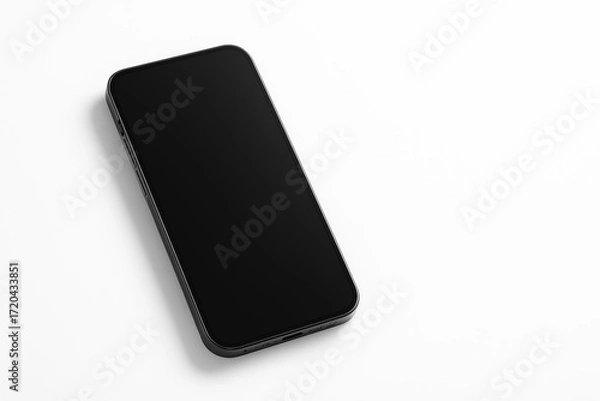 Fototapeta Hyper-realistic image of a mobile phone diagonally positioned on a white background in a minimalist design for branding with copy space.