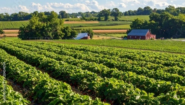 Fototapeta Vibrant Strawberry Field with Rustic Barn