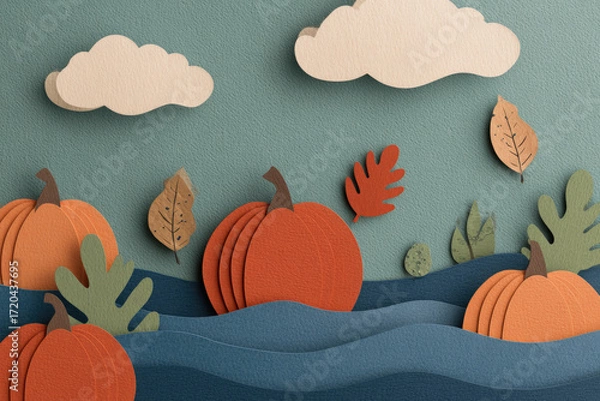 Fototapeta Paper cut style scene with floating pumpkins, autumn leaves, blue waves, and textured clouds creates whimsical, seasonal, and playful atmosphere perfect for fall themes