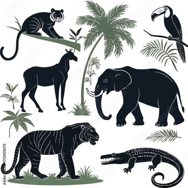 Fototapeta Set of 6 solid black silhouette jungle animals, tiger, elephant, monkey, crocodile, parrot, snake, full black fill, realistic proportions, isolated on white background, vector-friendly, no text