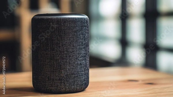 Fototapeta Black cylindrical smart speaker on wooden surface with blurred background