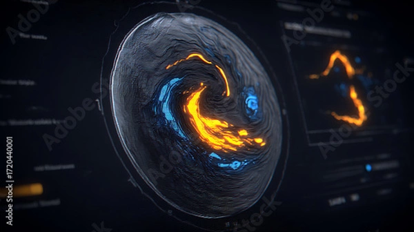 Fototapeta Digital visualization of a swirling planetary vortex with thermal imaging data on a futuristic interface