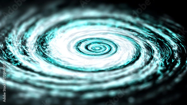 Fototapeta Concentric ripples in water forming a spiral pattern with teal and white hues against a dark background