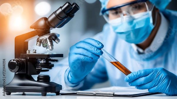 Fototapeta Scientist examining liquid sample under microscope in laboratory setting