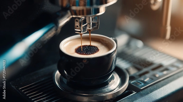 Fototapeta Espresso being extracted into a cup from a coffee machine