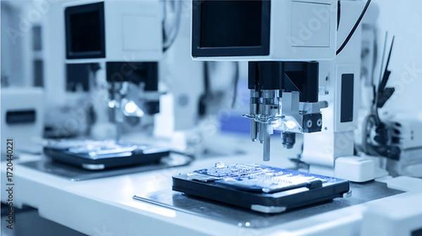 Fototapeta Automated precision machinery operating on electronic components in a laboratory setting
