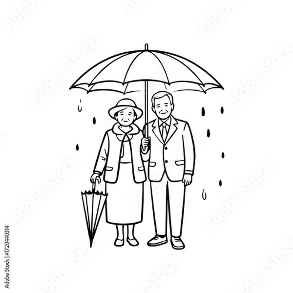 Fototapeta Charming line art drawing of a senior couple sheltering under an umbrella in the rain, perfect for heartwarming family themes and nostalgic designs