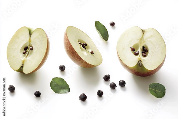 Fototapeta Fresh sliced apple with seeds, berries, and green leaves on a crisp and juicy surface