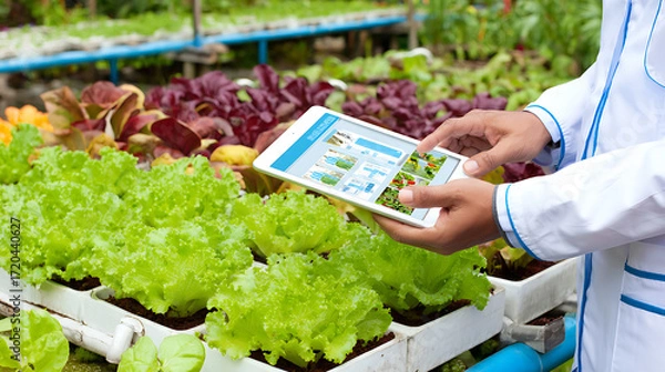 Fototapeta A person in a lab coat uses a tablet to monitor leafy green crops in a hydroponic garden.