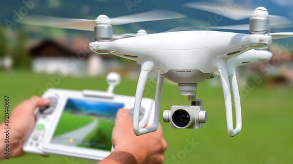 Fototapeta Person operating a white quadcopter drone with camera using a remote control device in an outdoor setting