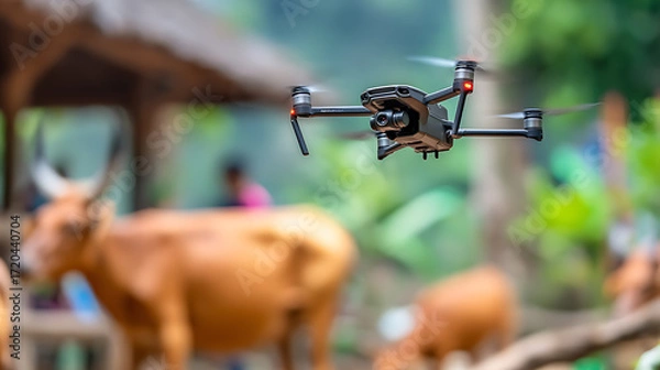 Fototapeta Drone flying over cattle in a rural farm setting