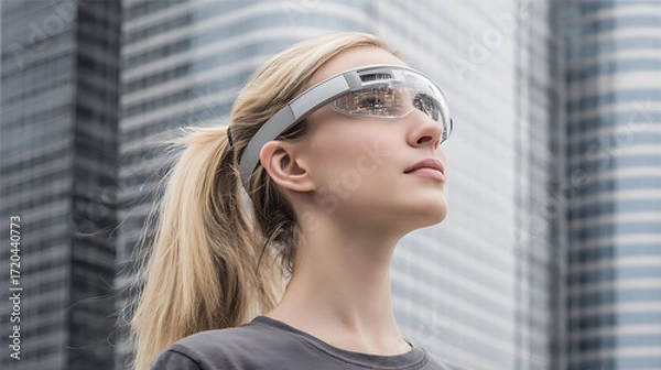 Fototapeta Woman wearing futuristic smart glasses outdoors in an urban setting