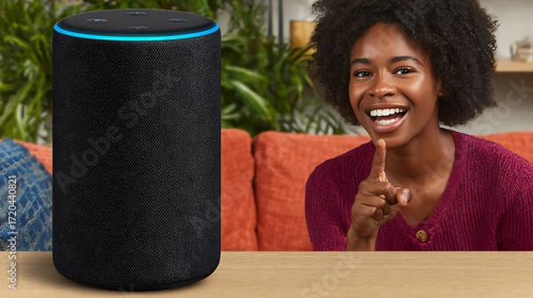 Fototapeta A woman smiles and gestures toward a smart speaker on a table in a cozy living room setting.