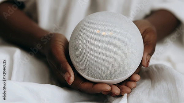 Fototapeta Person holding a spherical smart speaker with illuminated dots on a white fabric background