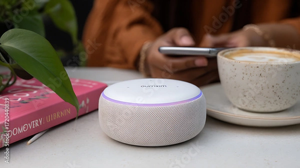Fototapeta Smart speaker on a table with a book, coffee cup, and person using a smartphone in the background
