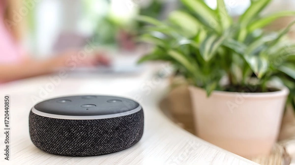 Fototapeta Smart speaker device on a wooden table near a potted plant in a home setting