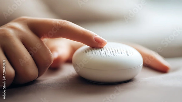 Fototapeta A hand pressing a button on a small white smart speaker device