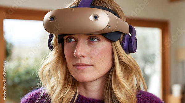 Fototapeta Woman wearing a virtual reality headset indoors, looking to the side with a focused expression.
