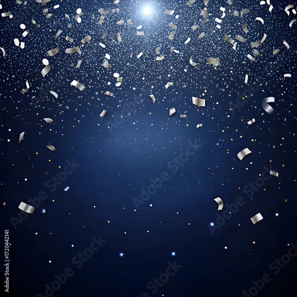 Fototapeta Dark navy background with silver metallic confetti rain and copy space, premium New Year template