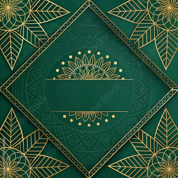 Fototapeta Deep emerald green with metallic gold geometric lines, sophisticated festive greeting card background