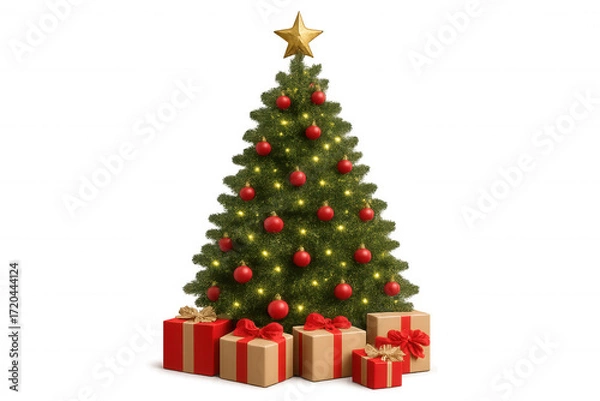 Fototapeta Christmas tree with festive ornaments and illuminated lights, surrounded by gifts, celebrating holidays on transparent background