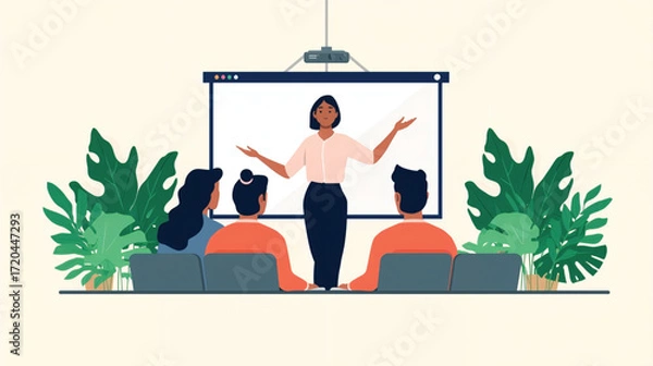 Obraz Vector art of woman presenting to an audience in a modern office setting