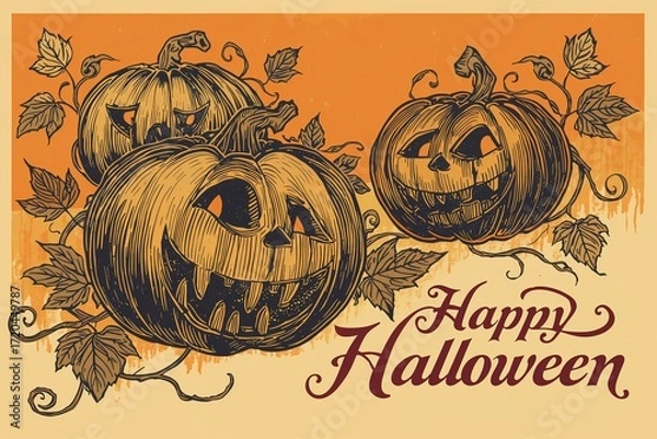 Obraz Spooky Halloween Pumpkin Illustration in Vintage Style for Festive Autumn Celebrations with Scary Face Carvings and Orange Background