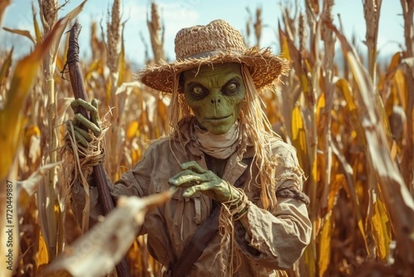 Obraz Creepy Scarecrow Monster in Rural Cornfield: Halloween Fantasy Character with Green Skin and Straw Hat