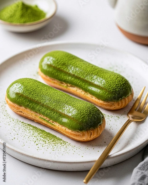 Fototapeta 抹茶を混ぜたホワイトチョコでコーティングと抹茶パウダーを振ったエクレア