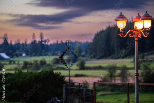 Obraz Lamp at sunset with farm fields