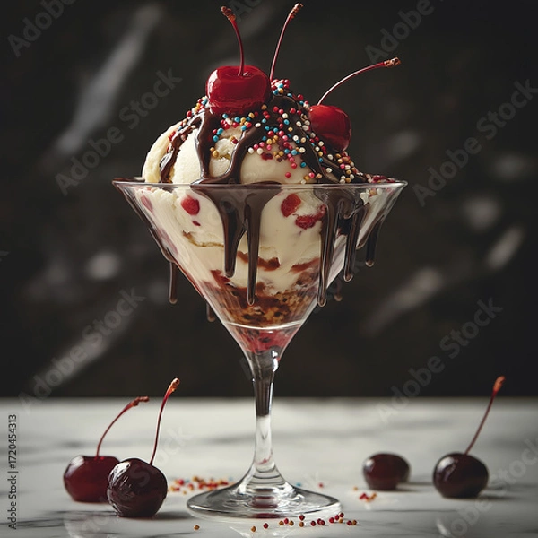 Fototapeta Decadent dessert sundae with chocolate and cherries in a glass, topped with colorful sprinkles.