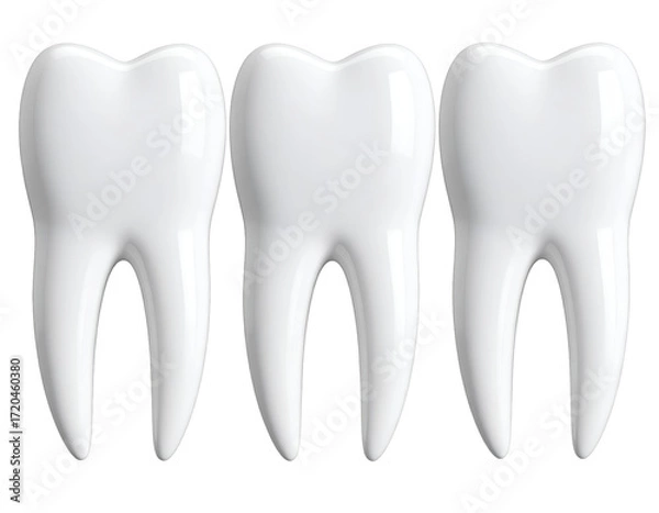 Obraz Three glossy white teeth icons arranged in a row, symbolizing dental health and hygiene concepts effectively.