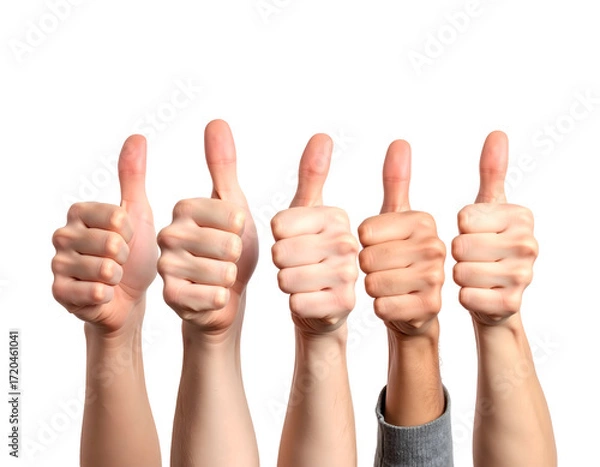 Obraz Five hands displaying thumbs up in a gesture of approval and positivity against a black background.