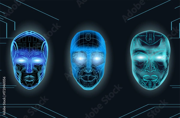 Fototapeta A modern illustration of three glowing AI robotic faces with neon blue circuits symbolizing future technologies, machine learning, and cyber innovation.
