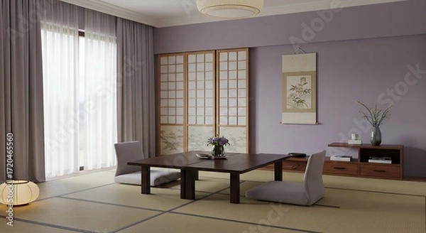 Fototapeta Minimalist Japanese-style Room with Tatami Mats and Shoji Screens in Soft Natural Light