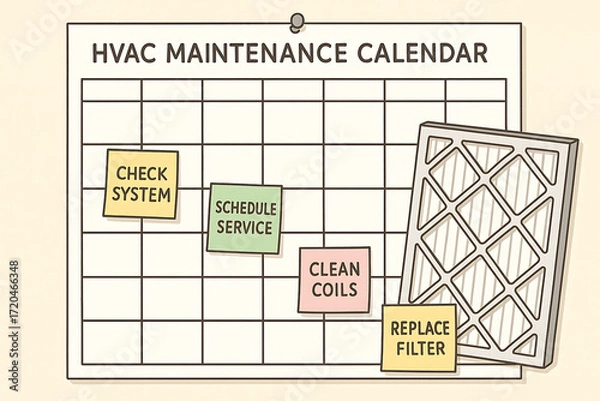 Obraz An illustrated HVAC maintenance calendar displaying tasks like checking the system, scheduling service, cleaning coils, and replacing filters.